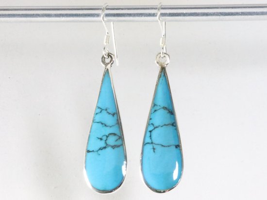 Lange druppelvormige zilveren oorbellen met blauwe turkoois afbeelding 3