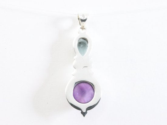 Bewerkte zilveren hanger met amethist en blauwe topaas afbeelding 3