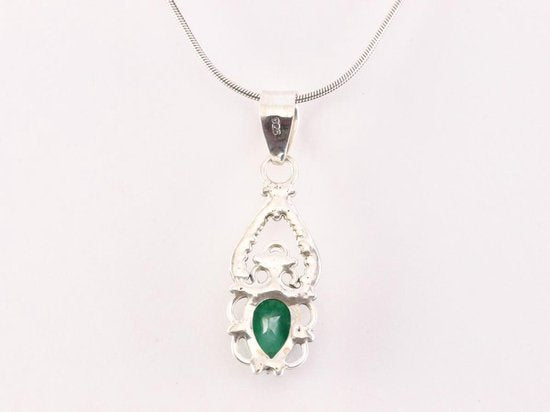 Fijne opengewerkte zilveren hanger met smaragd aan ketting afbeelding 3
