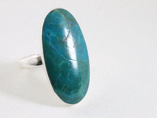 Langwerpige hoogglans zilveren ring met chrysocolla afbeelding 1