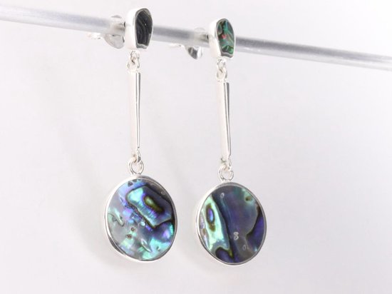 Lange ronde zilveren oorstekers met abalone schelp afbeelding 2