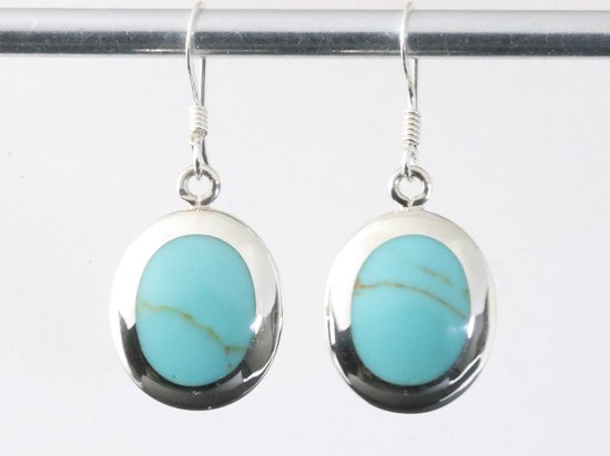 Ovale hoogglans zilveren oorbellen met groene turkoois afbeelding 1