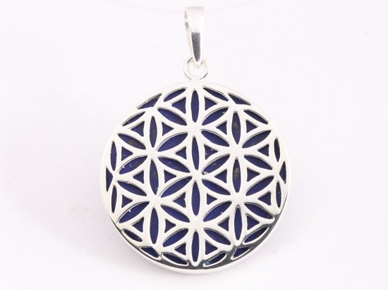 Ronde zilveren hanger met levensbloem op lapis lazuli afbeelding 4