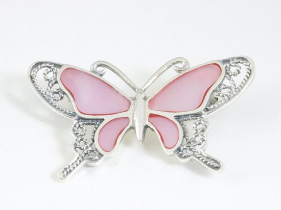 Zilveren vlinder broche met roze parelmoer afbeelding 1