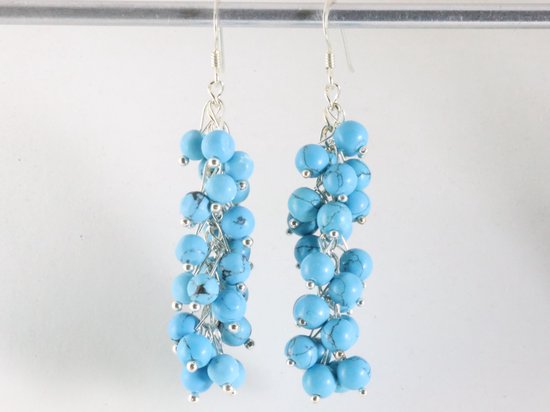Lange trosvormige zilveren oorbellen met blauwe turkoois afbeelding 3