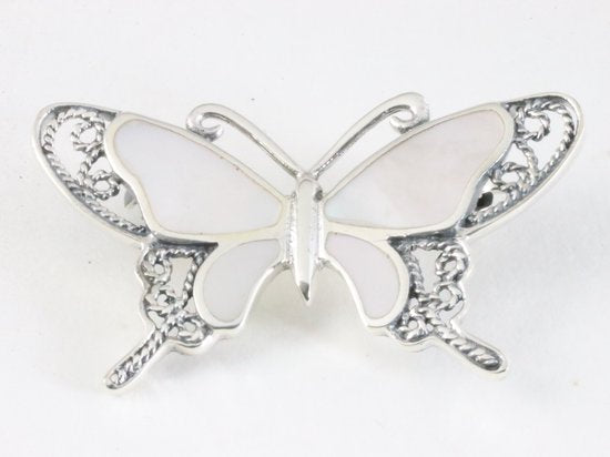 Zilveren vlinder broche met parelmoer afbeelding 1