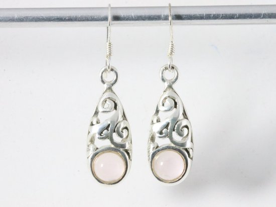 Fijne opengewerkte zilveren oorbellen met rozenkwarts afbeelding 4