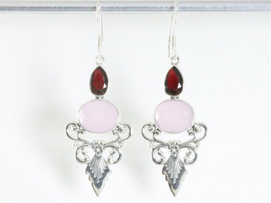 Lange zilveren oorbellen met rozenkwarts en granaat afbeelding 4