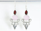Lange zilveren oorbellen met rozenkwarts en granaat afbeelding 4