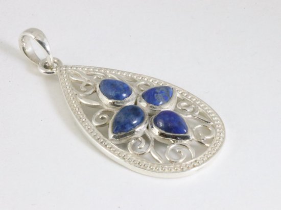 Langwerpige opengewerkte zilveren hanger met lapis lazuli afbeelding 2