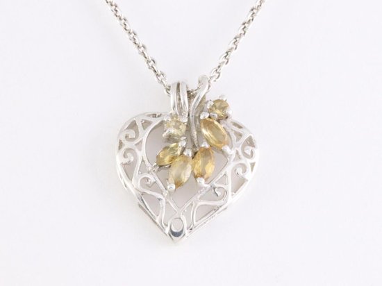 Opengewerkte hartvormige zilveren hanger met citrien aan ketting afbeelding 4