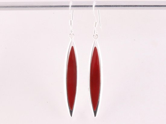 Lange fijne zilveren oorbellen met rode koraal steen afbeelding 4