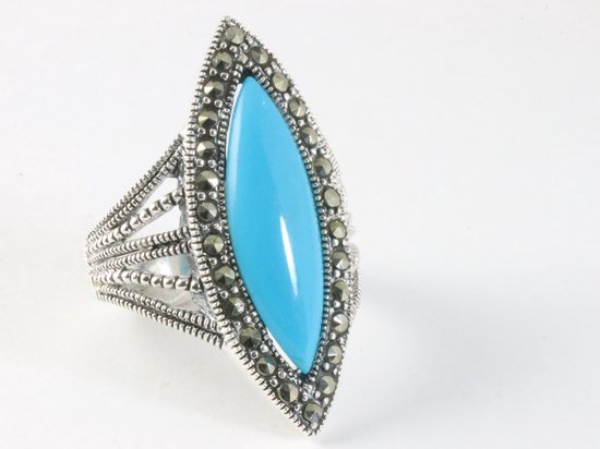 Langwerpige zilveren ring met blauwe turkoois en marcasiet afbeelding 1