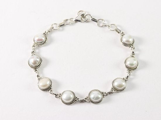 Fijn bewerkte zilveren schakelarmband met zoetwater parels afbeelding 1