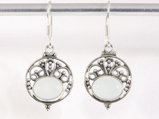 Ronde opengewerkte zilveren oorbellen met aqua chalcedoon afbeelding 1