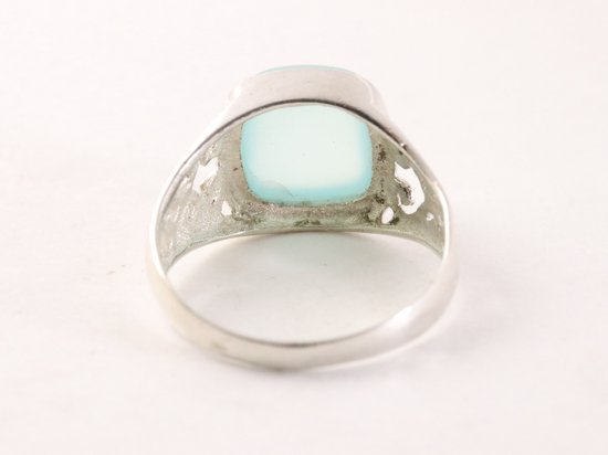 Fijne opengewerkte zilveren ring met aqua chalcedoon afbeelding 3