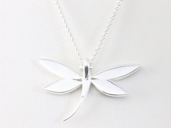Grote zilveren libelle hanger met roze parelmoer aan ketting afbeelding 3