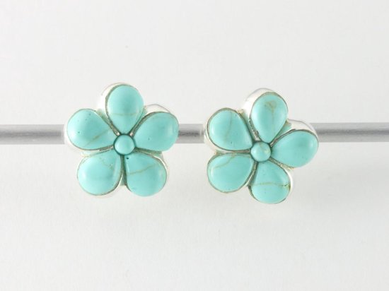 Bloemvormige zilveren oorstekers met groene turkoois afbeelding 4