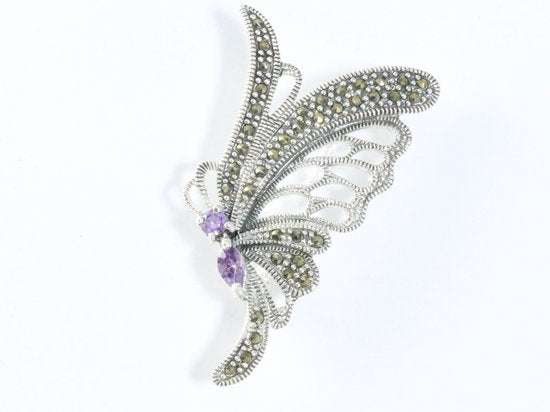 Opengewerkte zilveren vlinder broche met amethist en marcasiet afbeelding 3