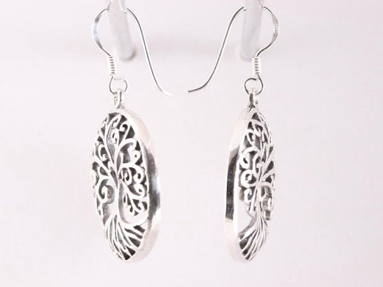 Ronde opengewerkte zilveren oorbellen met levensboom afbeelding 2