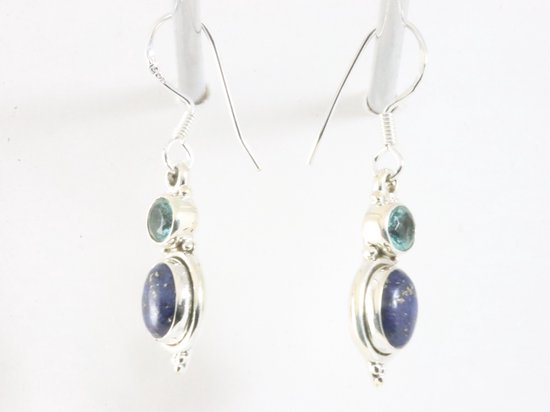 Fijne bewerkte zilveren oorbellen met lapis lazuli en blauwe topaas afbeelding 2