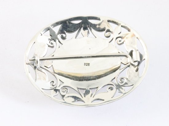 Grote opengewerkte zilveren broche met regenboog maansteen afbeelding 3