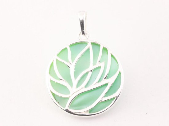 Ronde zilveren lotus hanger op groene parelmoer afbeelding 1