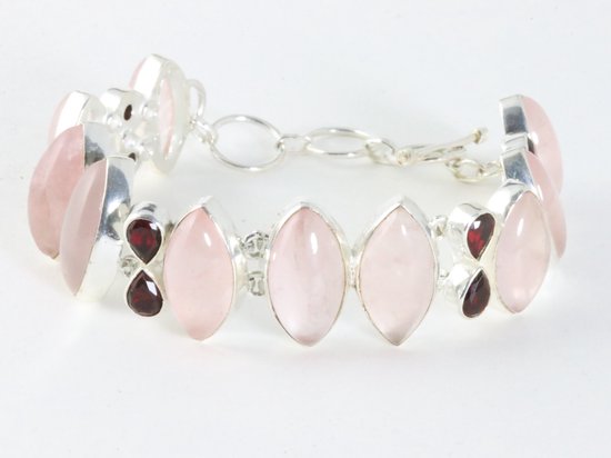 Zware zilveren armband met rozenkwarts en granaat afbeelding 1