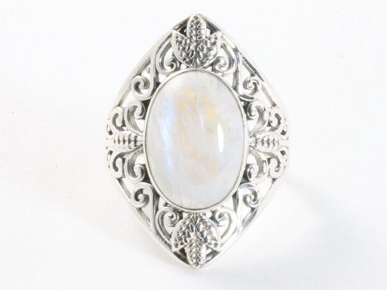 Opengewerkte zilveren ring met regenboog maansteen afbeelding 4