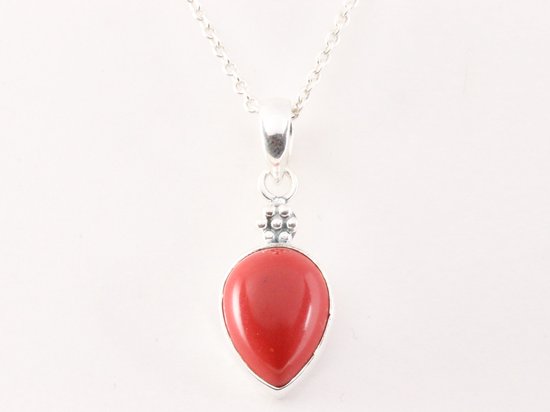 Bewerkte zilveren hanger met rode koraal steen aan ketting afbeelding 4
