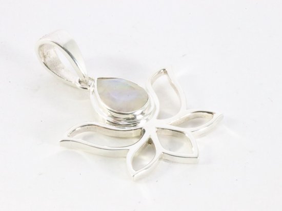 Opengewerkte zilveren lotus bloem hanger met regenboog maansteen afbeelding 2