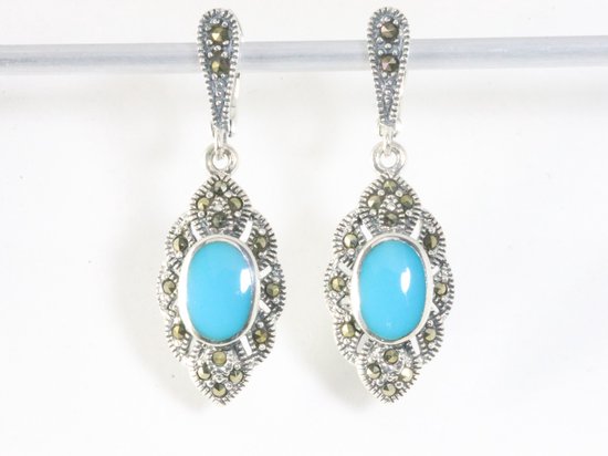 Zilveren oorstekers met blauwe turkoois en marcasiet afbeelding 3