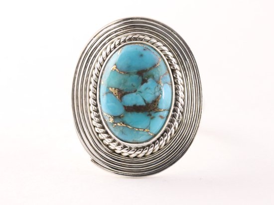Bewerkte ovale zilveren ring met blauwe koperturkoois afbeelding 4