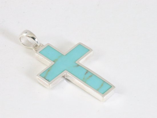Fijne zilveren kruishanger met groene turkoois afbeelding 2