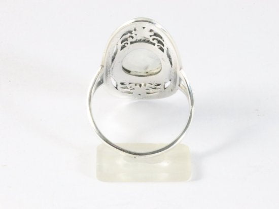 Langwerpige opengewerkte zilveren ring met regenboog maansteen afbeelding 3