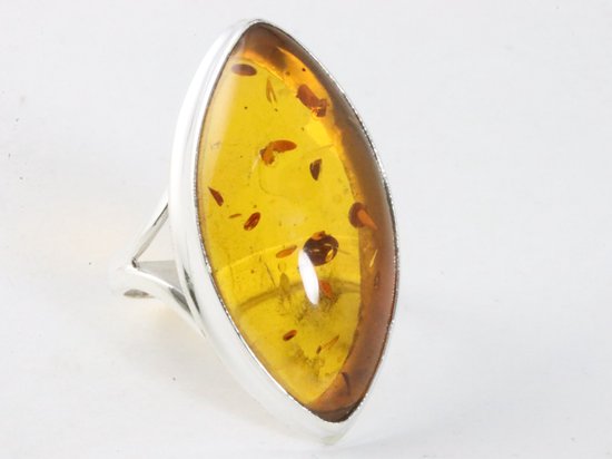 Langwerpige hoogglans zilveren ring met amber afbeelding 1