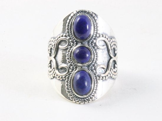Zware bewerkte zilveren ring met 3 lapis lazuli stenen afbeelding 4
