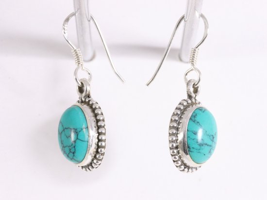 Bewerkte ovale zilveren oorbellen met turkoois afbeelding 2