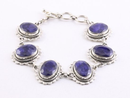 Zware bewerkte zilveren armband met grote blauwe saffier stenen afbeelding 1