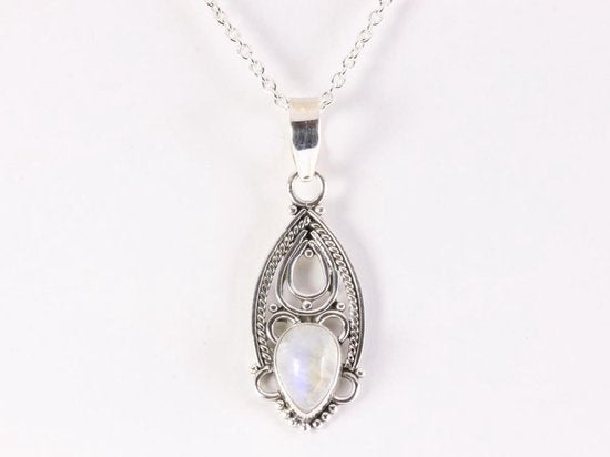 Fijne opengewerkte zilveren hanger met regenboog maansteen aan ketting afbeelding 4