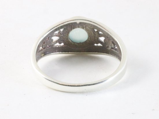 Opengewerkte zilveren ring met aqua chalcedoon afbeelding 3
