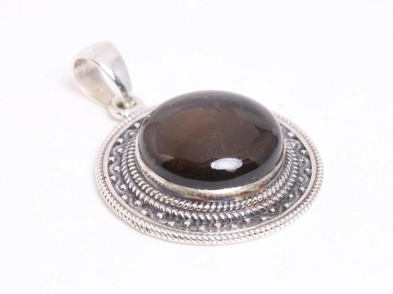 Bewerkte ronde zilveren hanger met rookkwarts afbeelding 2
