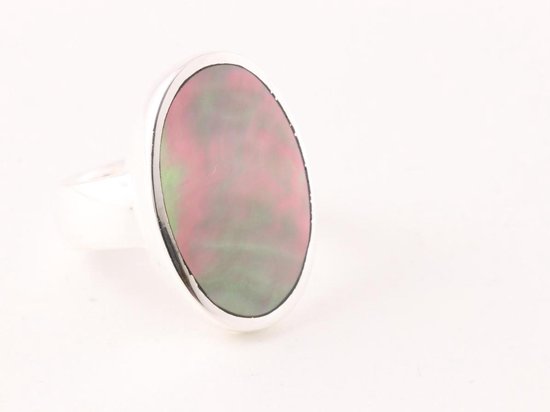 Ovale hoogglans zilveren ring met zwarte parelmoer afbeelding 1