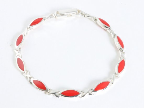 Hoogglans zilveren armband met rode koraal steen afbeelding 1