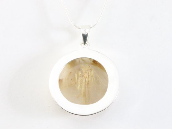 Ronde hoogglans zilveren hanger met gouden rutielkwarts aan ketting afbeelding 3