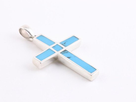 Zilveren kruishanger met blauwe turkoois afbeelding 2