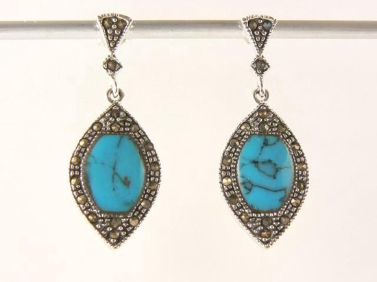 Zilveren oorstekers met blauwe turkoois en marcasiet afbeelding 5