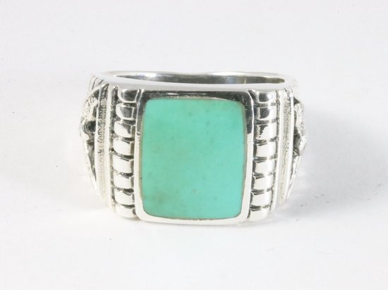 Zware bewerkte zilveren ring met groene turkoois afbeelding 4