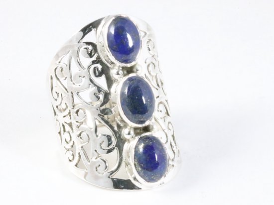 Langwerpige opengewerkte zilveren ring met lapis lazuli afbeelding 1