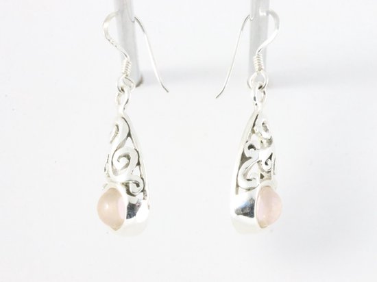 Fijne opengewerkte zilveren oorbellen met rozenkwarts afbeelding 2